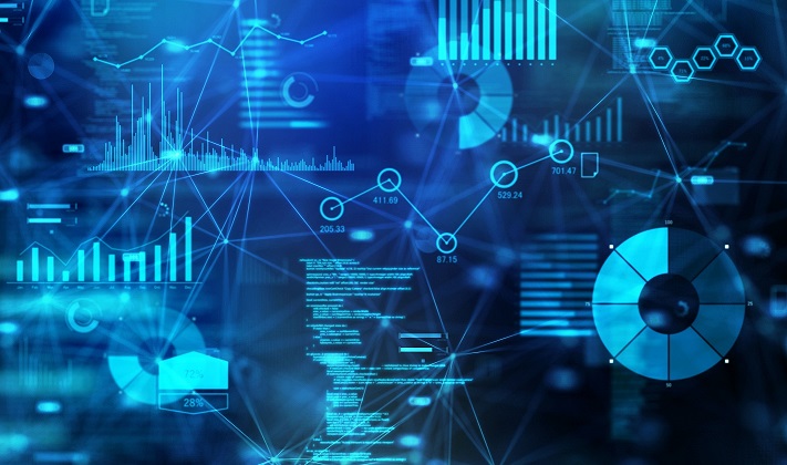 Graphic consisting of charts, numbers, and shapes indicating analytics