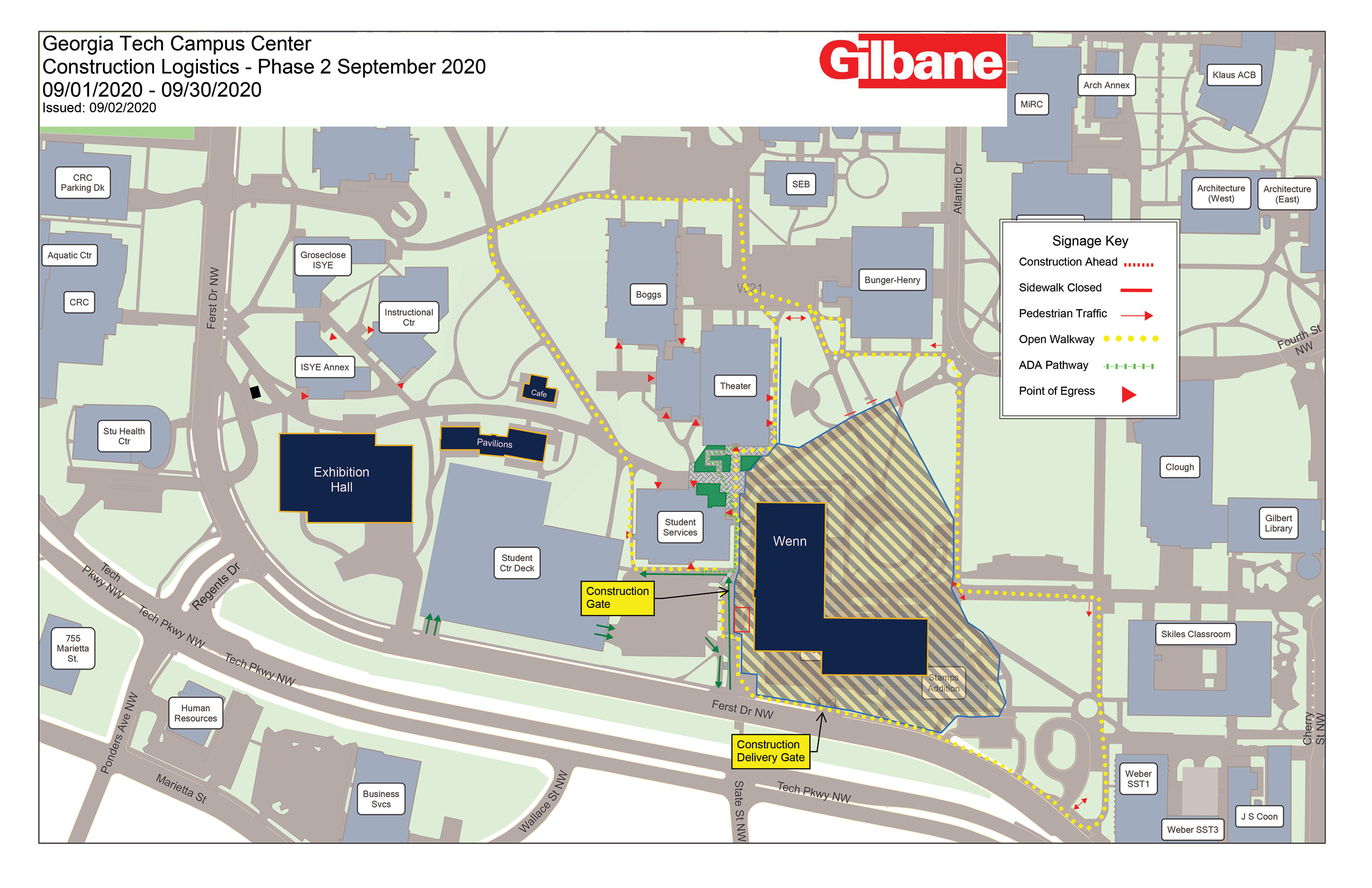 Map of campus center construction impacts September 2020.