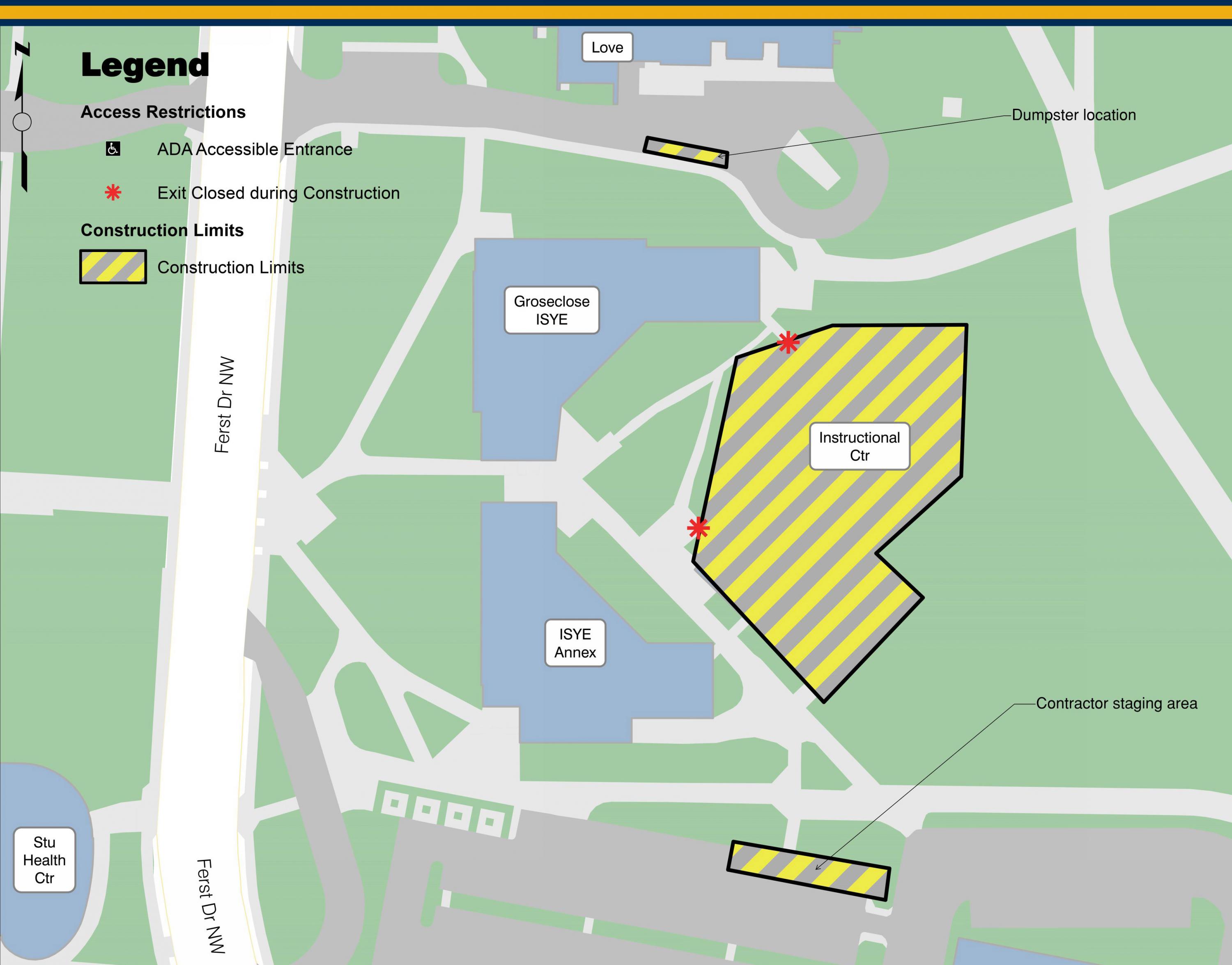 The construction impacts from the renovation will be minimal. One dumpster will be located between the Love and Gross Close buildings and some staging will happen in the adjacent parking lot. 