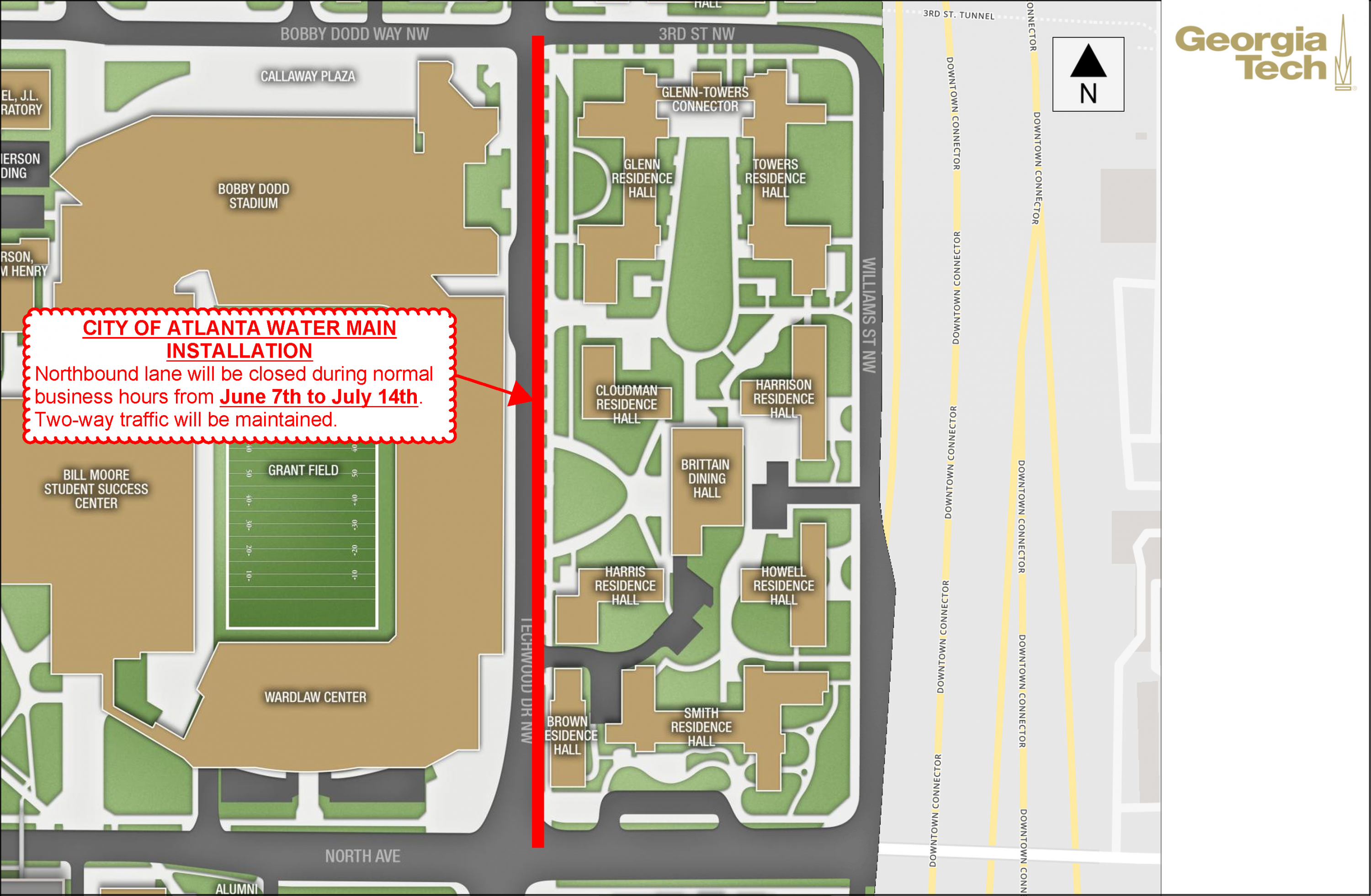 Logistics map of water main installation by City of Atlanta June 2021