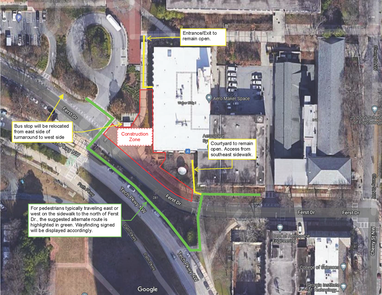 Map of campus impacts due to infrastructure updates.