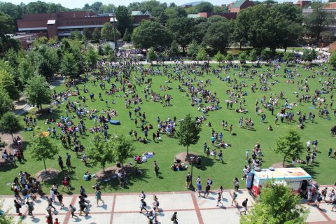 The Tech Green and Kessler Campanile crowd as seen from Clough's rooftop garden. (Photo by Renay San Miguel)