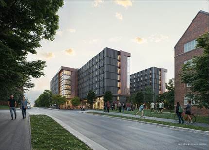 Image of the new Curran Street residence hall from the corner of 8th Street and Curran Street, looking west toward Northside Drive.